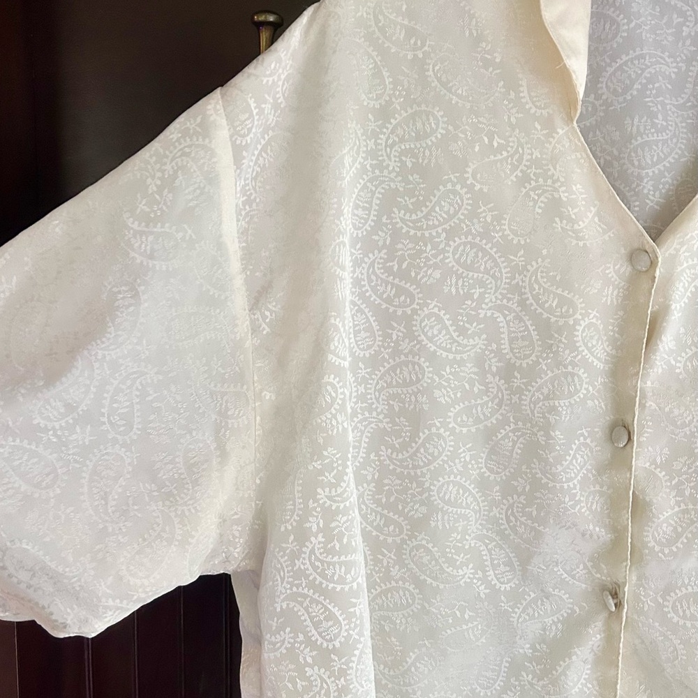 VINTAGE 90S LA NUIT Ivory Satin Jacquard Button Down Shirt Loungewear Top L / XL - Picture 5 of 14